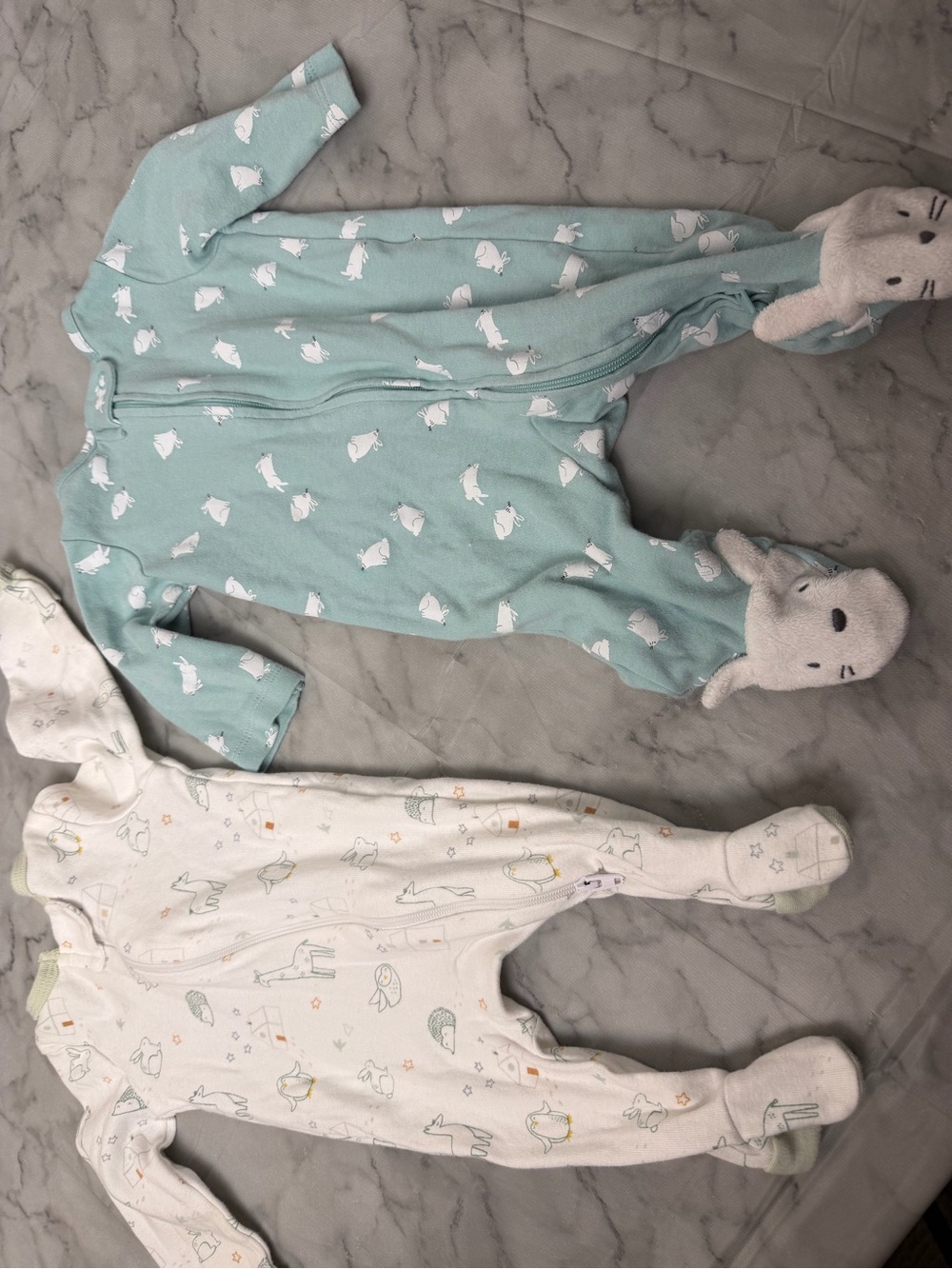 Snow Bunny PJ Footies Bundle 2 Pc Newborn & 3M Animal Graphic Blue White Cream